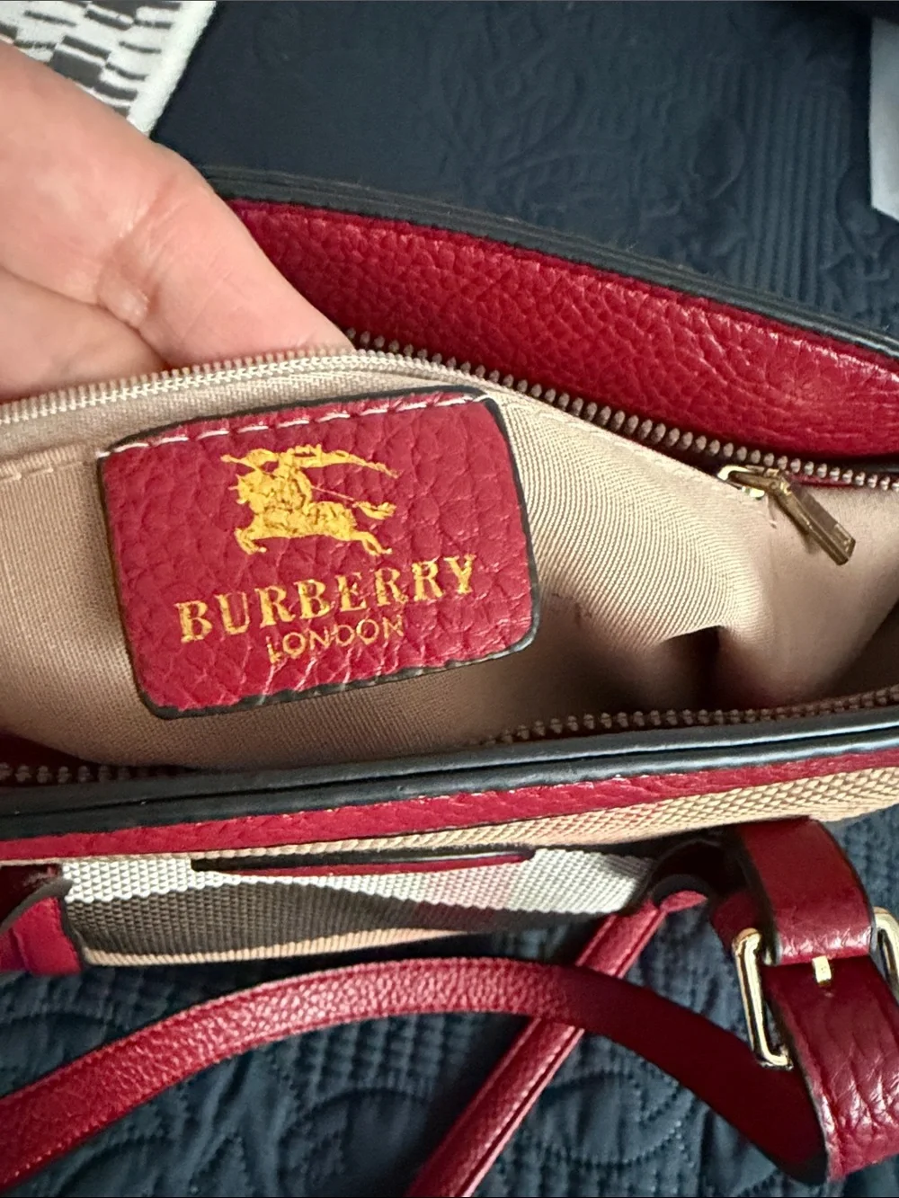 Beige Check Canvas Shoulder Bag with Red Leather Trim